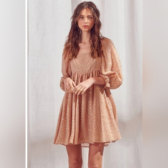 Storia Dresses & Skirts - STORIA Gold Flaked Embroidered Dots Baby Doll Mini Dress Small
